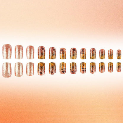 Short Almond Press on Nails Fall Fake Nails Sparkly False Nail with Gold Leaf Designs Autumn Wine Red Glossy Full Cover Acrylic Stick on Nail for Women Nail Art Decor 24 Pcs
