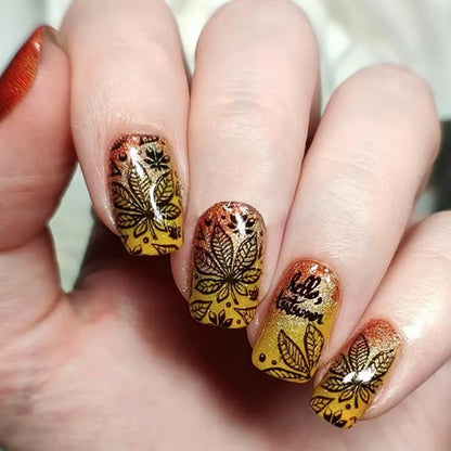 Short Almond Press on Nails Fall Fake Nails Sparkly False Nail with Gold Leaf Designs Autumn Wine Red Glossy Full Cover Acrylic Stick on Nail for Women Nail Art Decor 24 Pcs