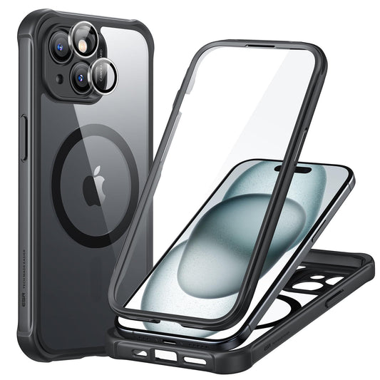 ESR for iPhone 15 Case, Compatible with MagSafe, Full-Body Military-Grade Drop Proof Case with Built-in 9H+ Tempered Glass Screen Protector, Armor Series, Clear Black
