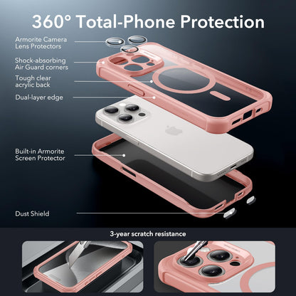 ESR for iPhone 15 Case, Compatible with MagSafe, Full-Body Military-Grade Drop Proof Case with Built-in 9H+ Tempered Glass Screen Protector, Armor Series, Clear Black