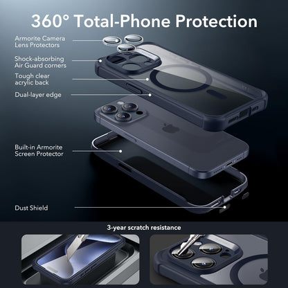 ESR for iPhone 15 Case, Compatible with MagSafe, Full-Body Military-Grade Drop Proof Case with Built-in 9H+ Tempered Glass Screen Protector, Armor Series, Clear Black
