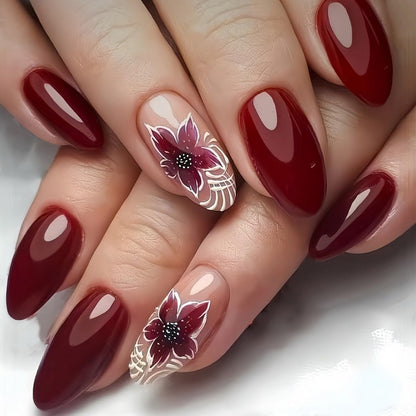 Short Almond Press on Nails Fall Fake Nails Sparkly False Nail with Gold Leaf Designs Autumn Wine Red Glossy Full Cover Acrylic Stick on Nail for Women Nail Art Decor 24 Pcs