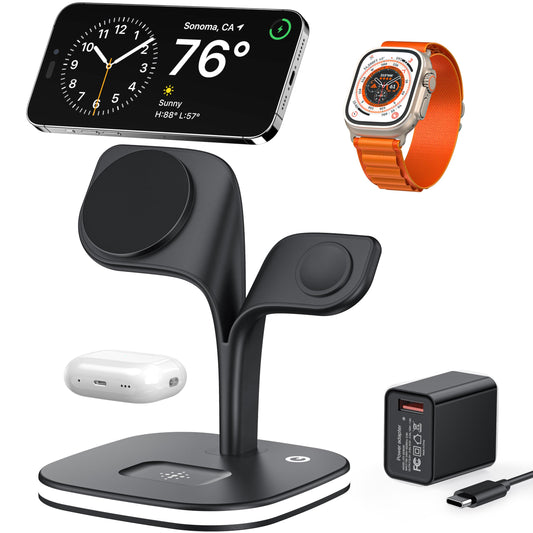 EXW Wireless Charging Station for Magsafe Charger,Charging Station for Multiple Devices,Wireless Charger for iPhone 16/15/14/13/12 Series,Apple Watch Series 1-9,AirPods with LED and Adapter (Black)