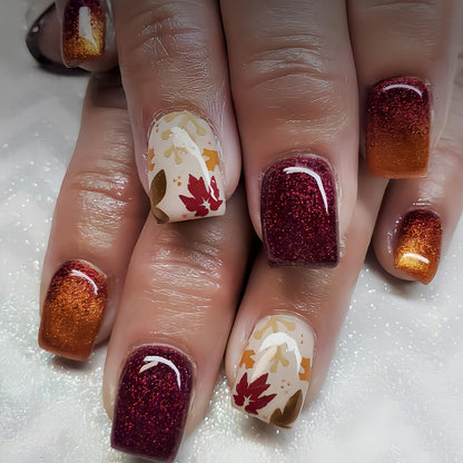 Short Almond Press on Nails Fall Fake Nails Sparkly False Nail with Gold Leaf Designs Autumn Wine Red Glossy Full Cover Acrylic Stick on Nail for Women Nail Art Decor 24 Pcs