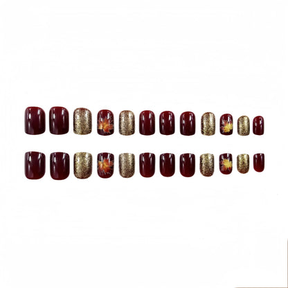 24Pcs Fall Press on Nails Short Square Fake Nails Wine Red and Gold Maple Leaf Glossy Gold Sparkly Acrylic Nails Full Cover Stick on Nails Autumn Thanksgiving Nail Decoration for Nail Art Supplies