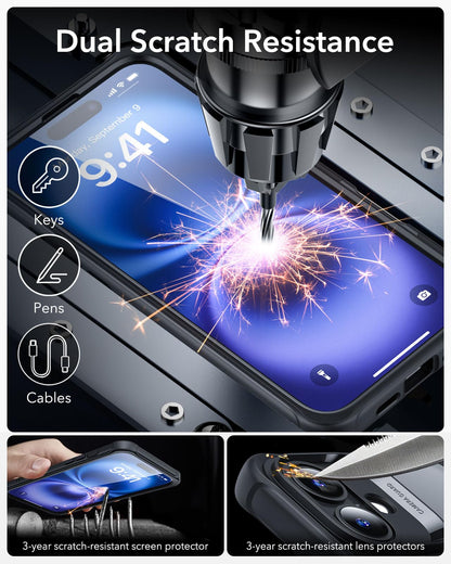 ESR for iPhone 15 Case, Compatible with MagSafe, Full-Body Military-Grade Drop Proof Case with Built-in 9H+ Tempered Glass Screen Protector, Armor Series, Clear Black