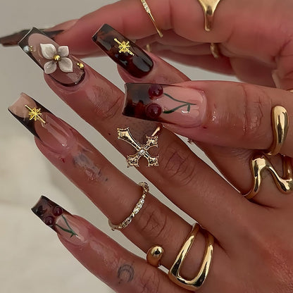 Short Almond Press on Nails Fall Fake Nails Sparkly False Nail with Gold Leaf Designs Autumn Wine Red Glossy Full Cover Acrylic Stick on Nail for Women Nail Art Decor 24 Pcs