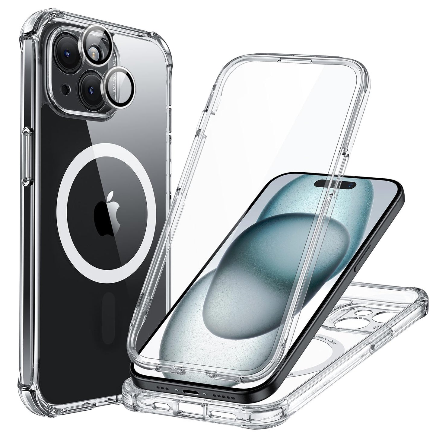 ESR for iPhone 15 Case, Compatible with MagSafe, Full-Body Military-Grade Drop Proof Case with Built-in 9H+ Tempered Glass Screen Protector, Armor Series, Clear Black