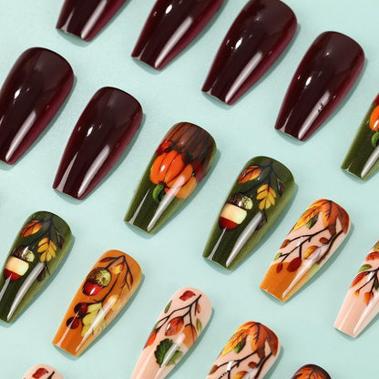 Short Almond Press on Nails Fall Fake Nails Sparkly False Nail with Gold Leaf Designs Autumn Wine Red Glossy Full Cover Acrylic Stick on Nail for Women Nail Art Decor 24 Pcs