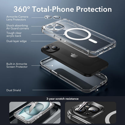 ESR for iPhone 15 Case, Compatible with MagSafe, Full-Body Military-Grade Drop Proof Case with Built-in 9H+ Tempered Glass Screen Protector, Armor Series, Clear Black