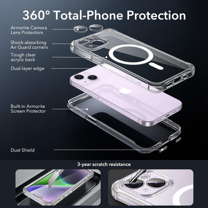 ESR for iPhone 15 Case, Compatible with MagSafe, Full-Body Military-Grade Drop Proof Case with Built-in 9H+ Tempered Glass Screen Protector, Armor Series, Clear Black