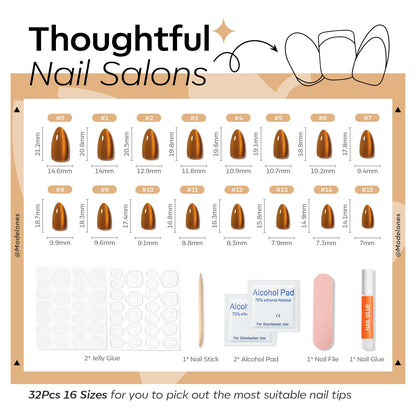 Modelones Brown Press on Nails Almond, Fall Short Fake Nails, Reusable Nail Kit with Nail Glue Adhesive Tabs Mini Nail File, Nails Press Ons 32Pcs 16 Sizes, Women Girl Gift, Amber