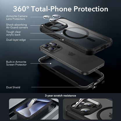 ESR for iPhone 15 Case, Compatible with MagSafe, Full-Body Military-Grade Drop Proof Case with Built-in 9H+ Tempered Glass Screen Protector, Armor Series, Clear Black