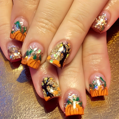 24Pcs Fall Press on Nails Short Square Fake Nails Wine Red and Gold Maple Leaf Glossy Gold Sparkly Acrylic Nails Full Cover Stick on Nails Autumn Thanksgiving Nail Decoration for Nail Art Supplies